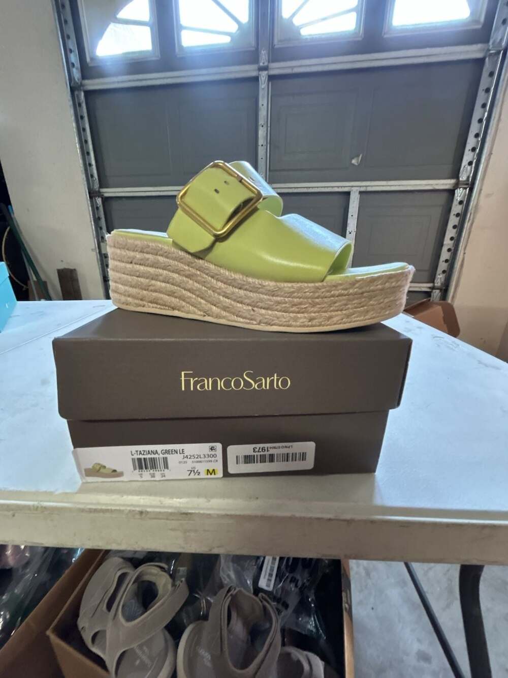 Franco Sarto Taziana Slide Sandal Size 7.5 Green Leather Espadrille Wedge - Picture 3 of 3
